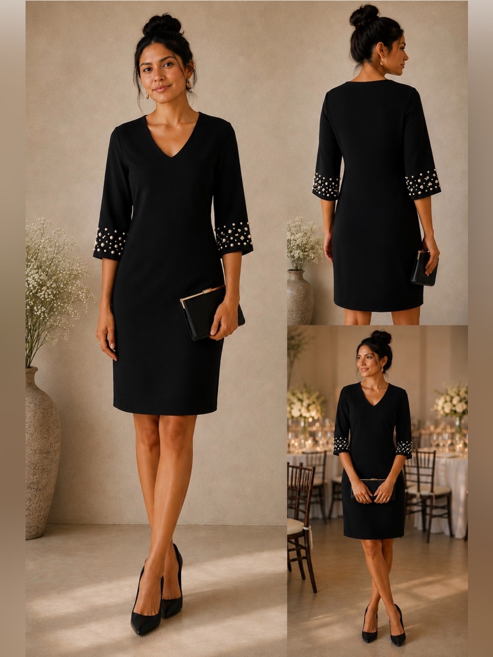 Calvin Klein Black V Neck Pearl Embellished Dress